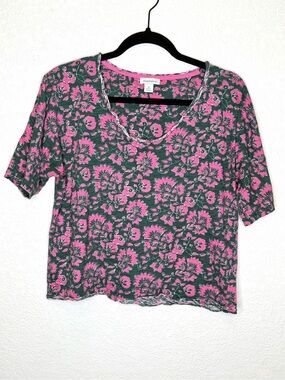 Sundance Floral Short Sleeve T-Shirt Sz M Dark Green Pink Rolled Hem Boxy Boho